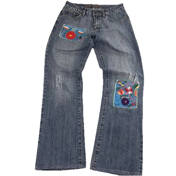 8241 Ranch Denim - 8241 Ranch Jeans Size 6 Blue Floral Crochet Patches Straight Leg Boho Festival
